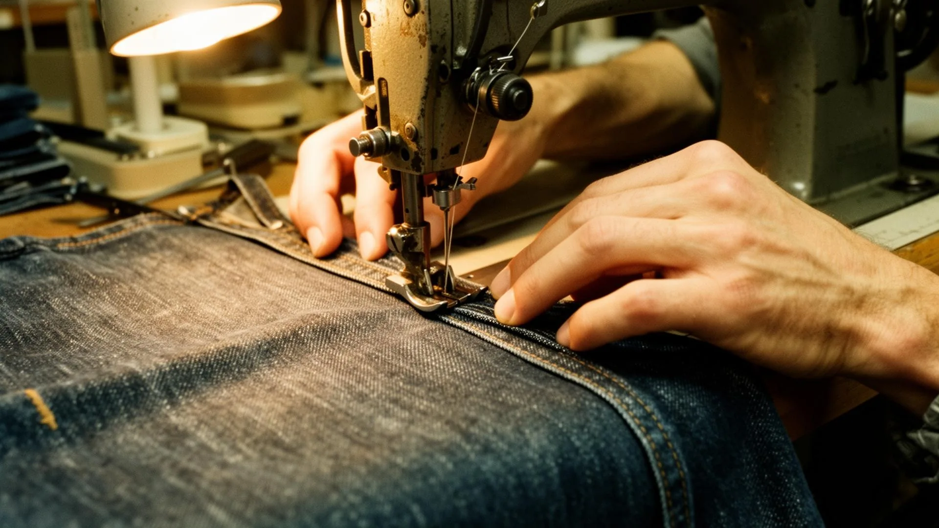 A craftsman guiding denim through a vintage industrial sewing machine