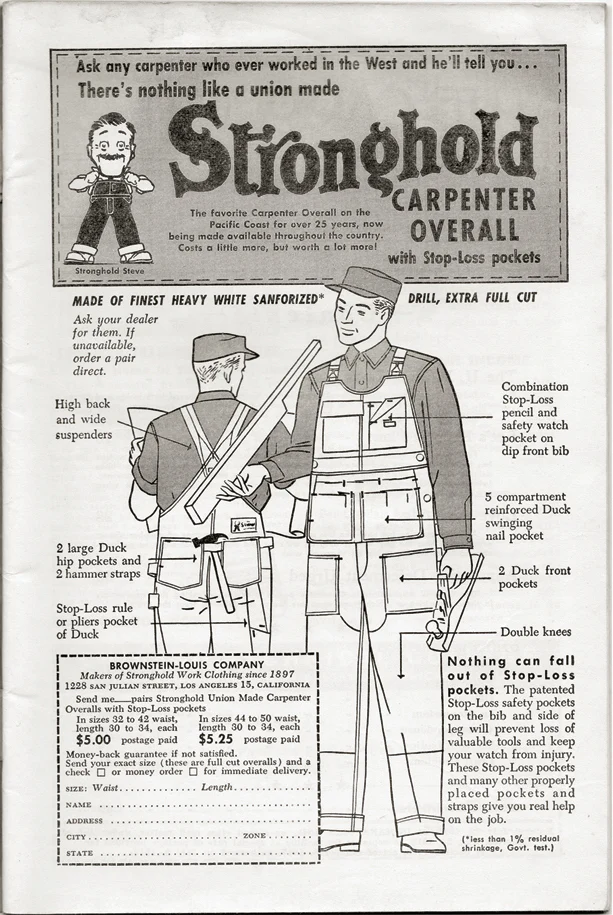 Stronghold Carpenter Overall advertisement with Stop-Loss pockets, Carpenter Magazine 1949