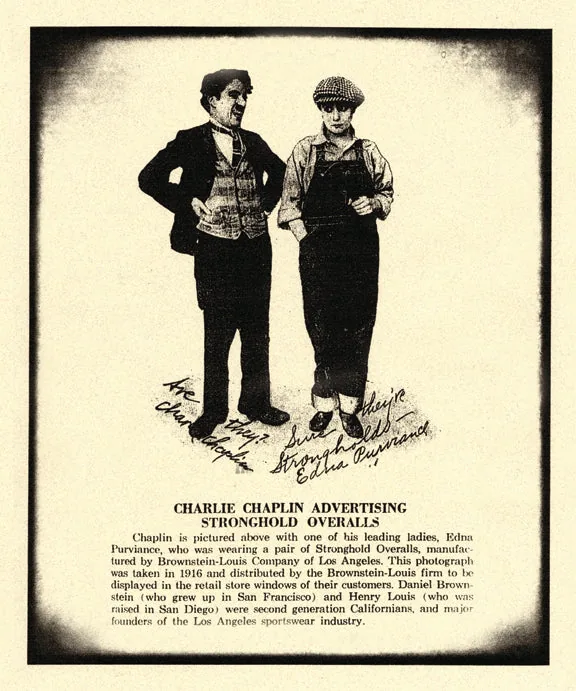 Charlie Chaplin and Edna Purviance in The Stronghold bib-overalls advertisement, 1916