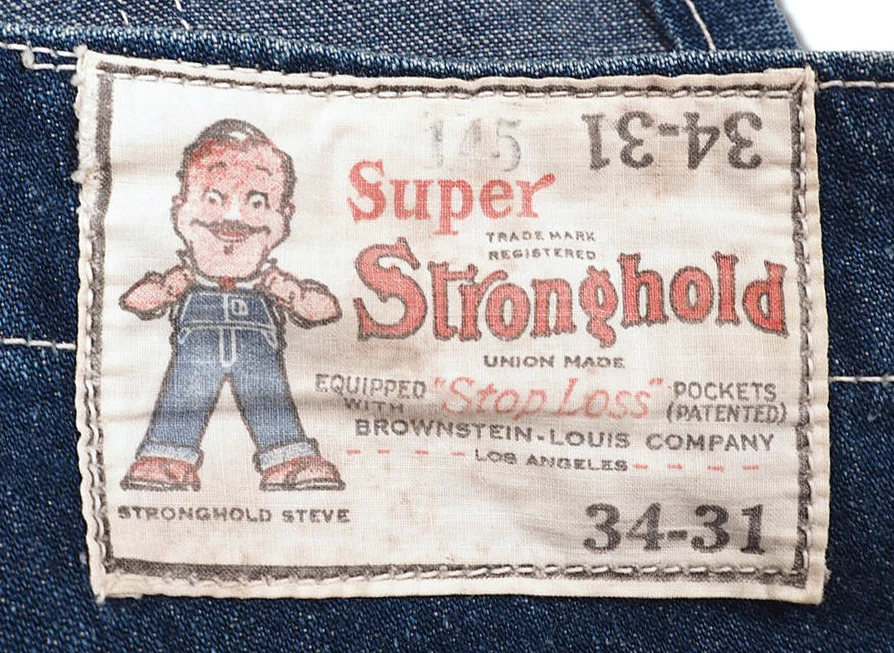Super Stronghold label featuring Stronghold Steve mascot — Brownstein-Louis Company, Los Angeles